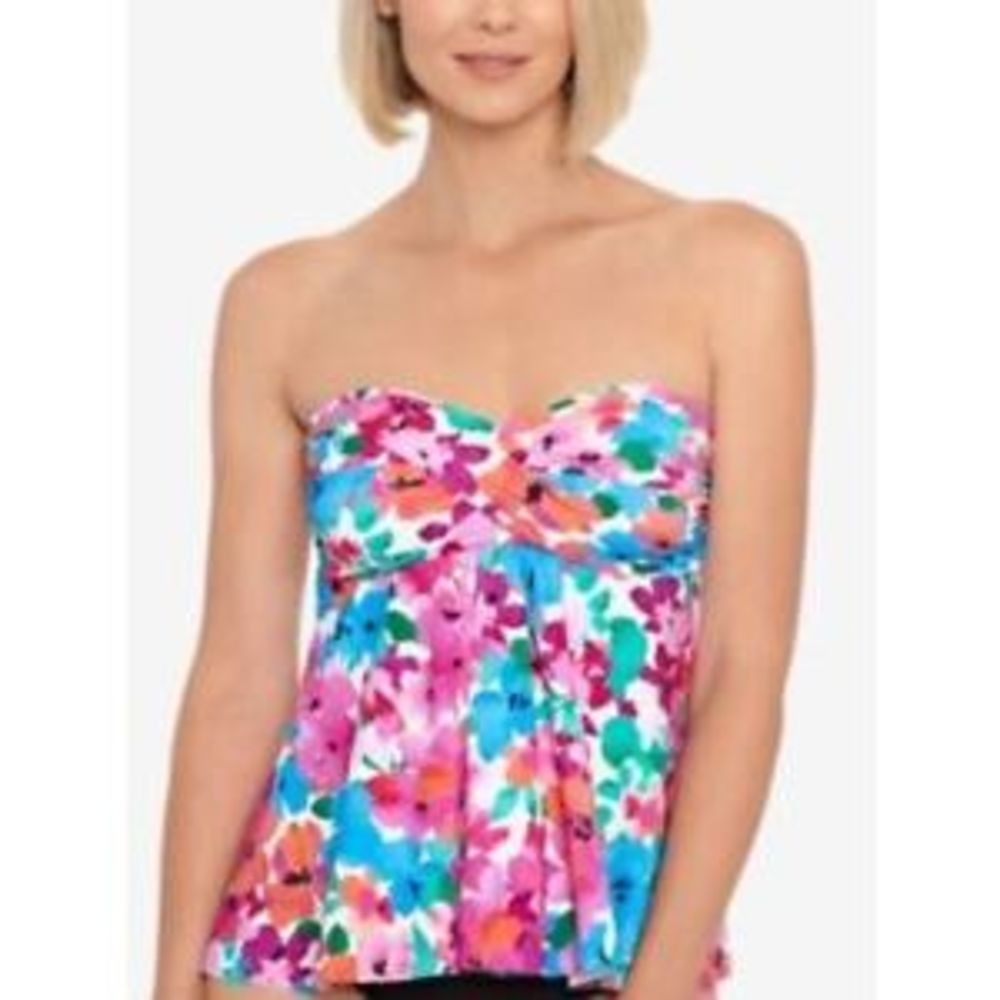 MSRP $72 Swim Solutions Twisted Bandeau Tankini Top Floral Pink Size 14